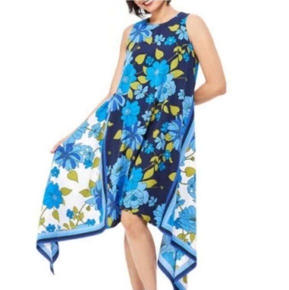 Maggy London Asymmetrical Blue Multicolored Floral Print Scarf Dress - Picture 3 of 7